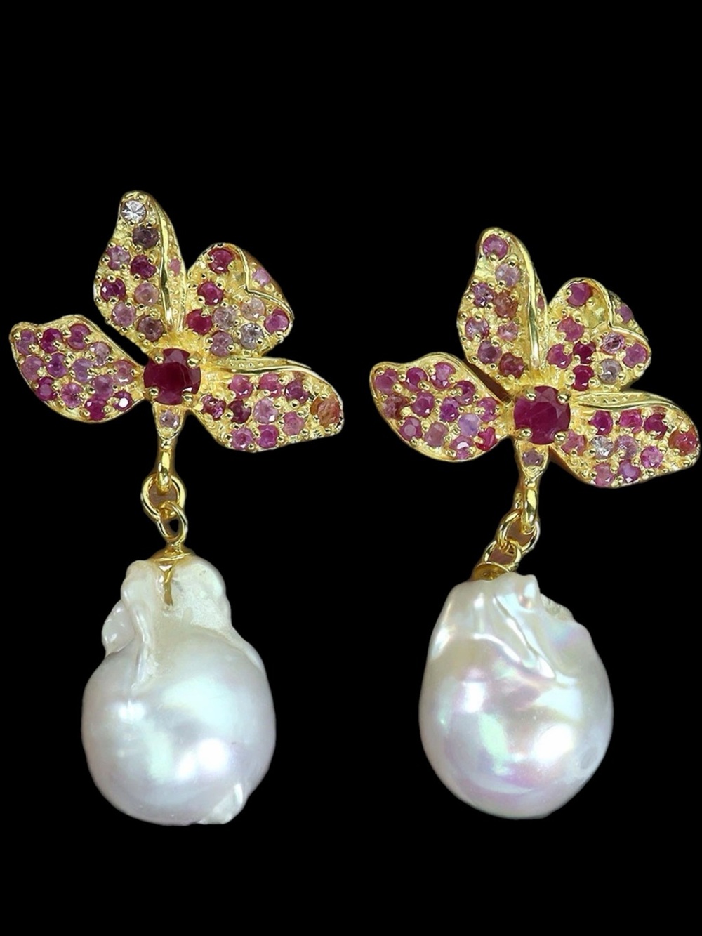 Genuine Baroque Pearl Earrings with Genuine Rubies